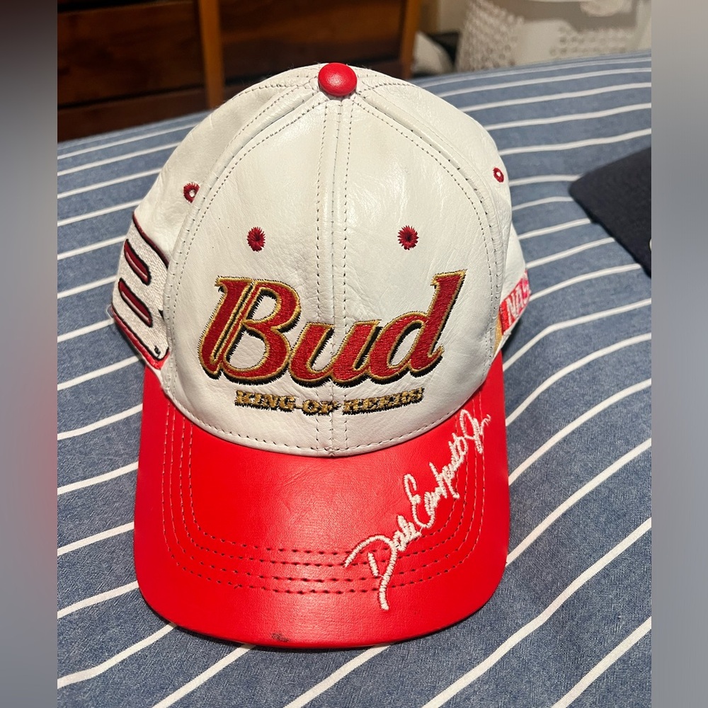 Vintage Red and White Bud Dale Earnhardt Leather Hat